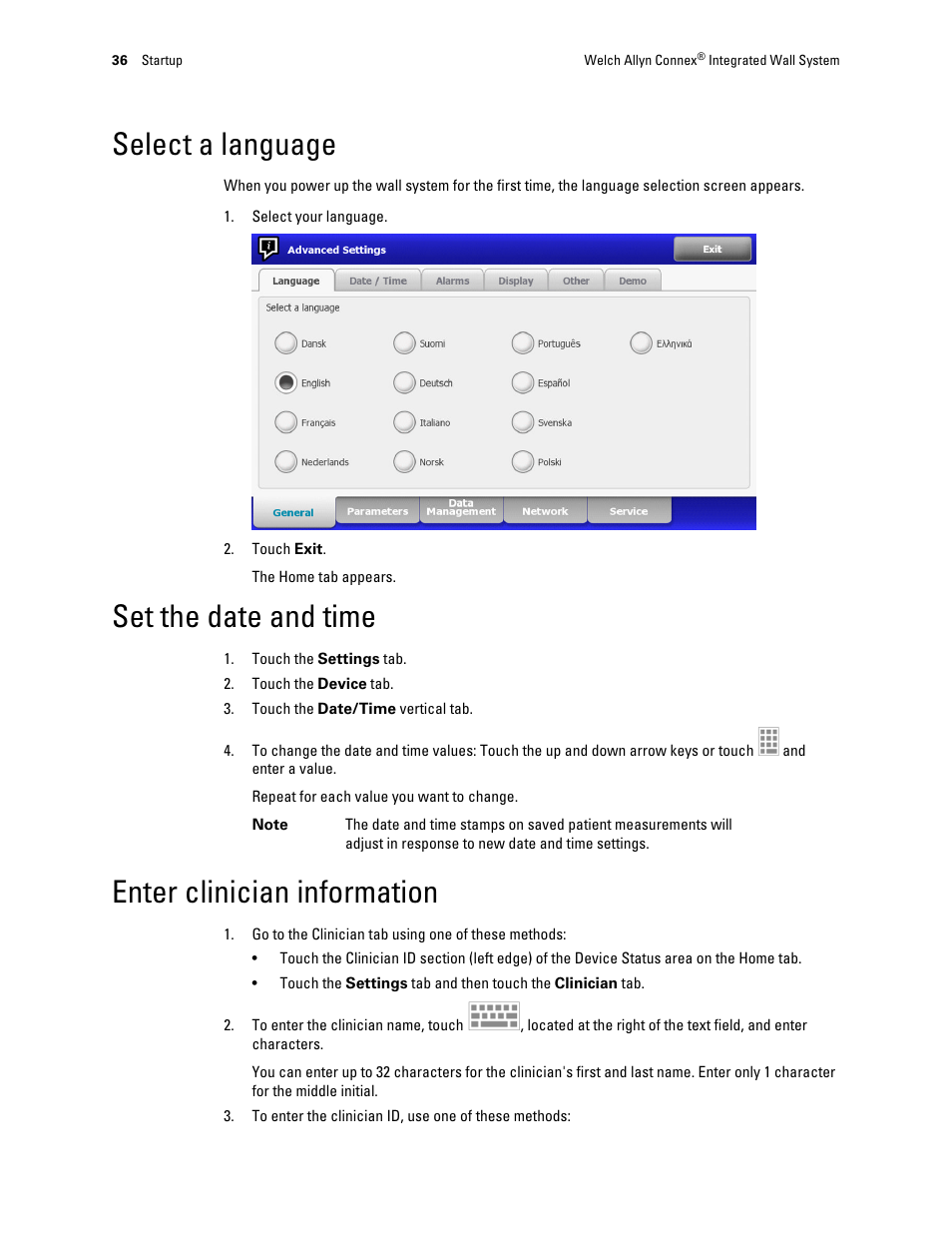 Select a language, Set the date and time, Enter clinician information | Welch Allyn Connex Integrated Wall System - User Manual User Manual | Page 42 / 161