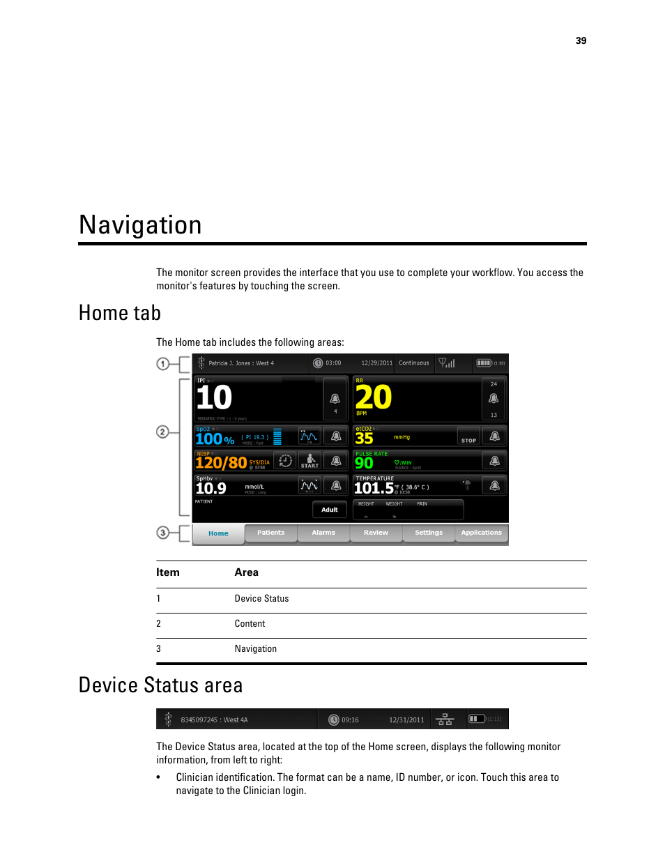 Navigation, Home tab, Device status area | Welch Allyn Connex Integrated Wall System - User Manual User Manual | Page 45 / 161