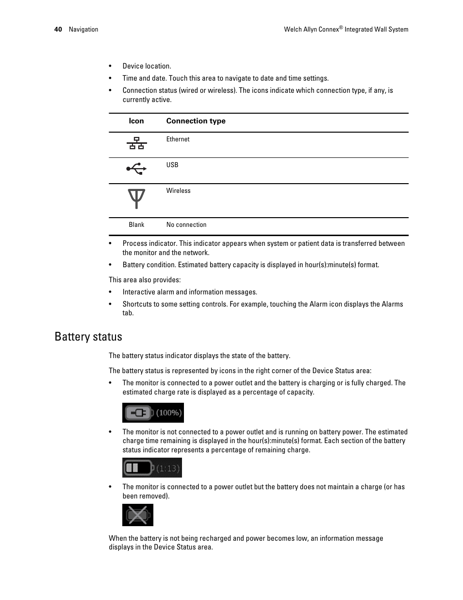 Battery status | Welch Allyn Connex Integrated Wall System - User Manual User Manual | Page 46 / 161