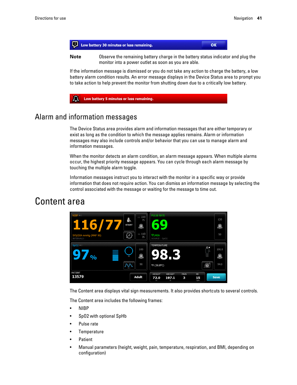 Alarm and information messages, Content area | Welch Allyn Connex Integrated Wall System - User Manual User Manual | Page 47 / 161