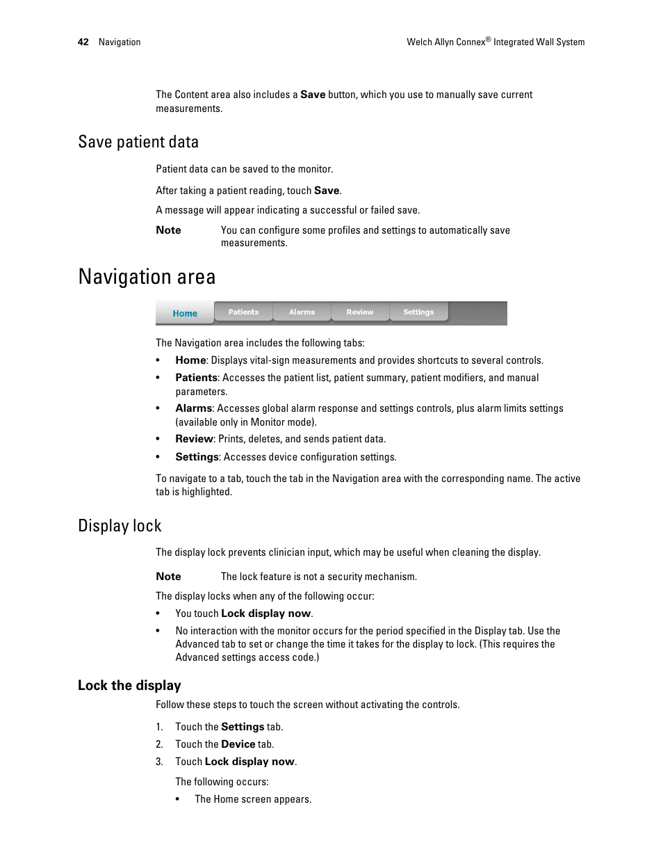 Save patient data, Navigation area, Display lock | Lock the display | Welch Allyn Connex Integrated Wall System - User Manual User Manual | Page 48 / 161