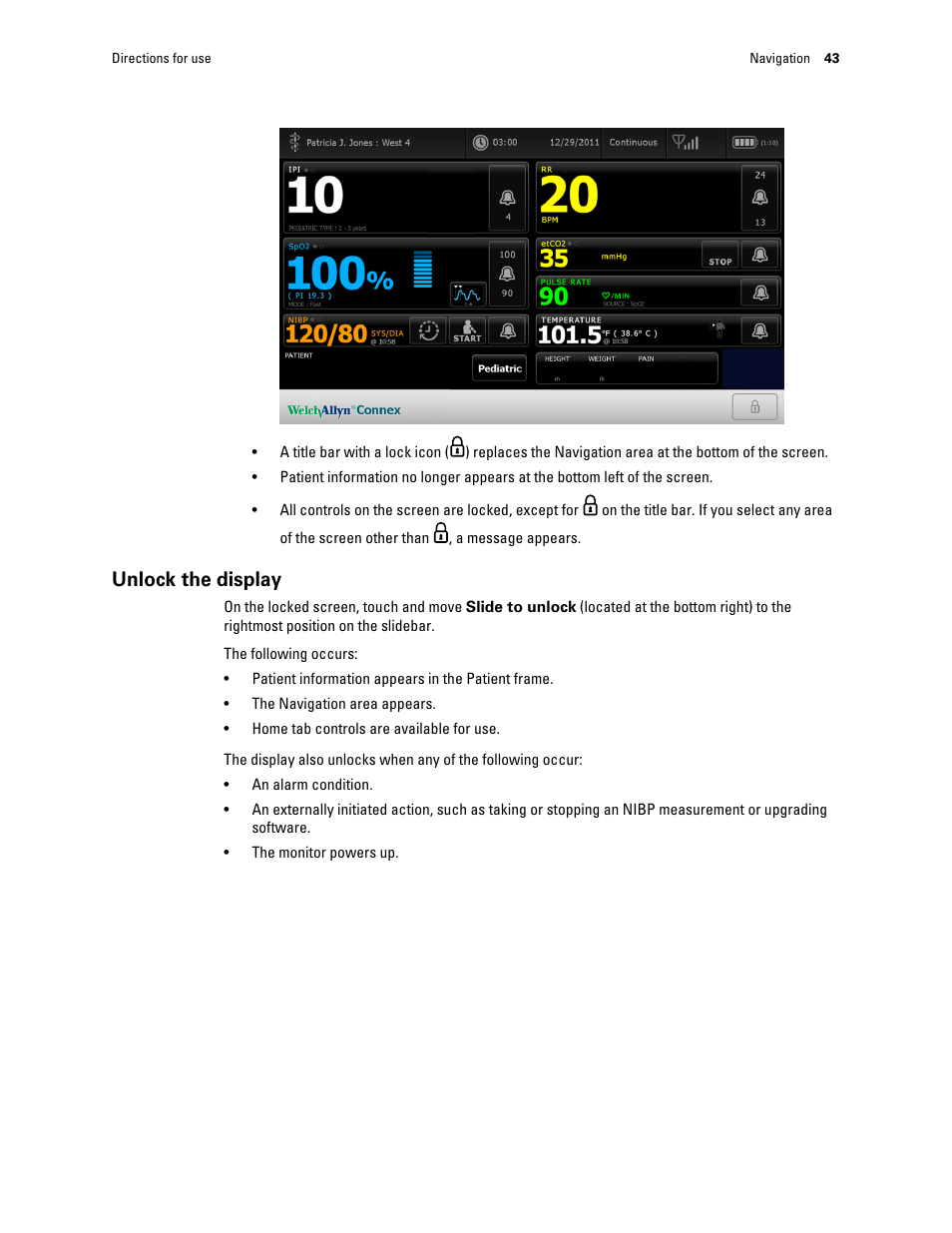 Unlock the display | Welch Allyn Connex Integrated Wall System - User Manual User Manual | Page 49 / 161