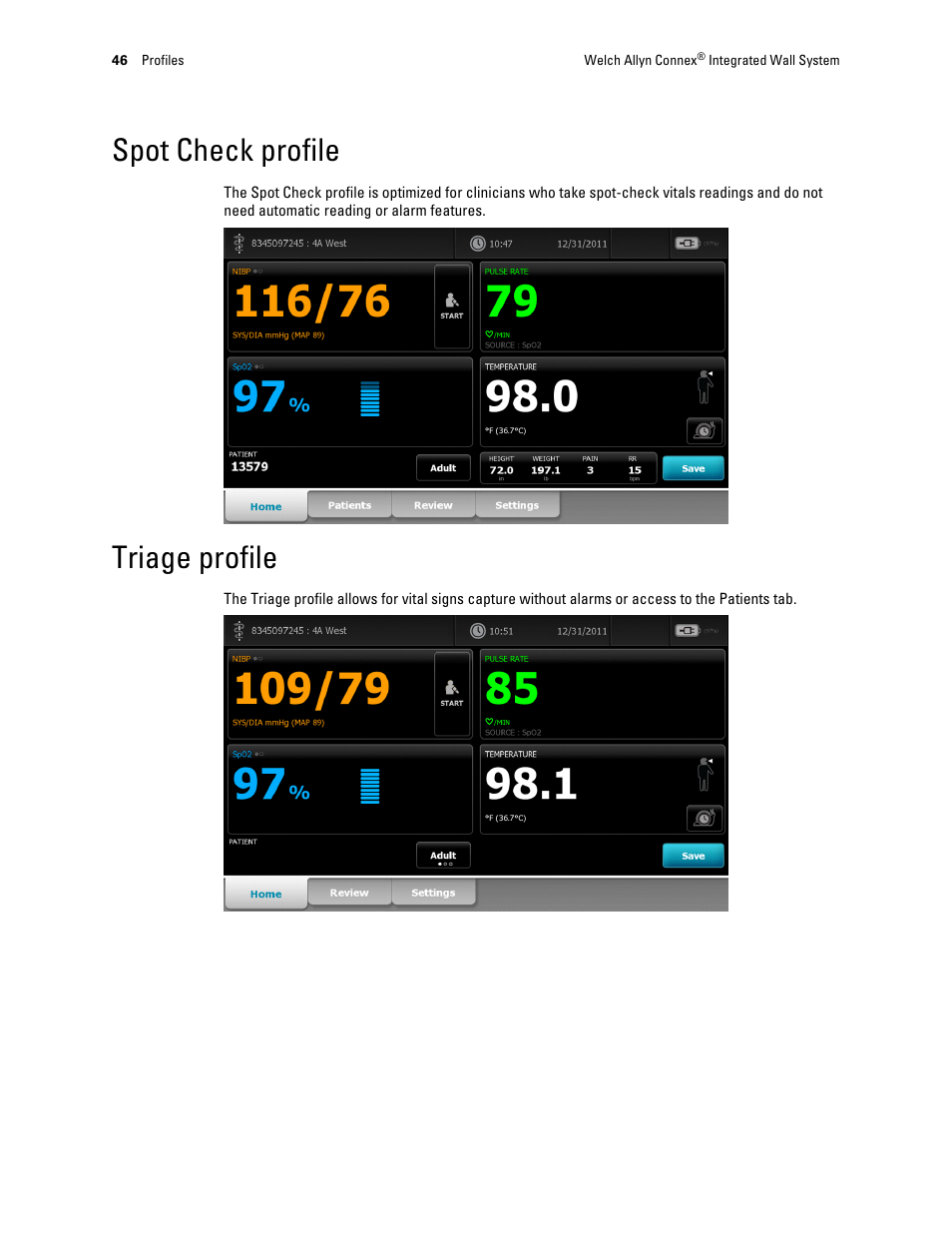 Spot check profile, Triage profile | Welch Allyn Connex Integrated Wall System - User Manual User Manual | Page 52 / 161