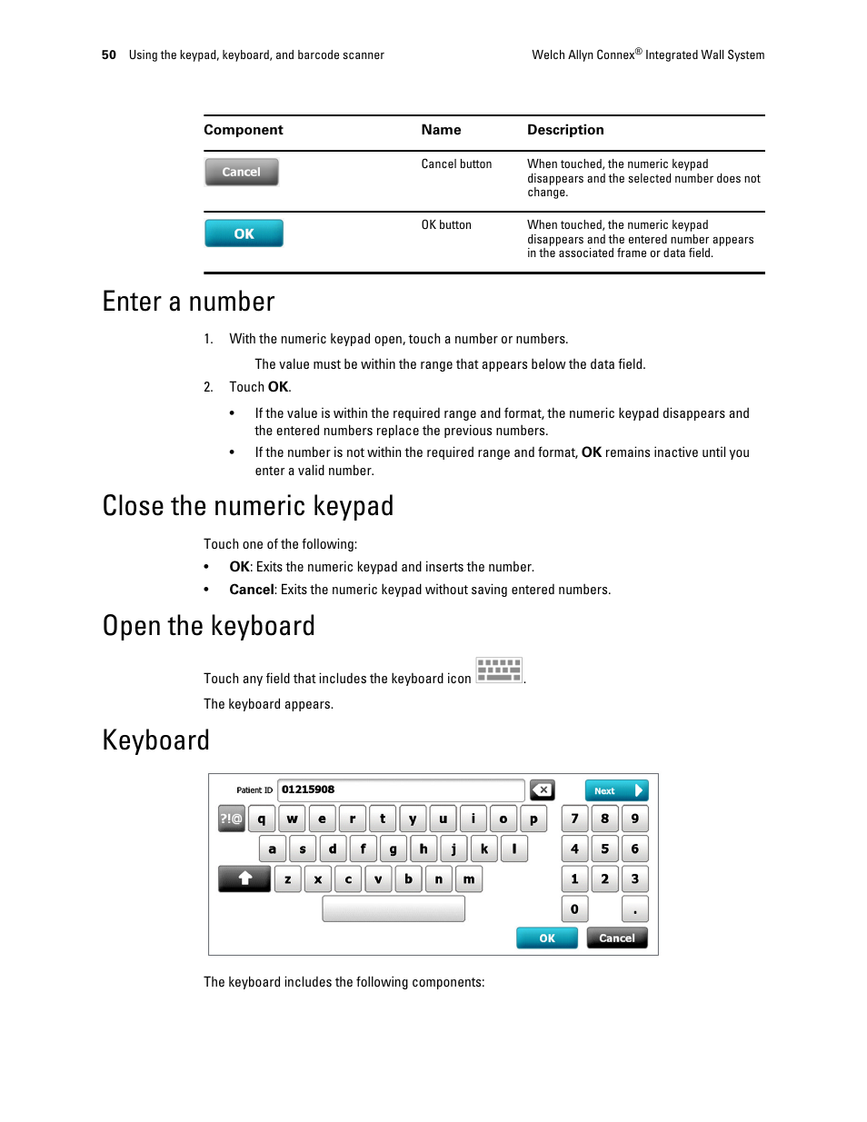 Enter a number, Close the numeric keypad, Open the keyboard | Keyboard | Welch Allyn Connex Integrated Wall System - User Manual User Manual | Page 56 / 161