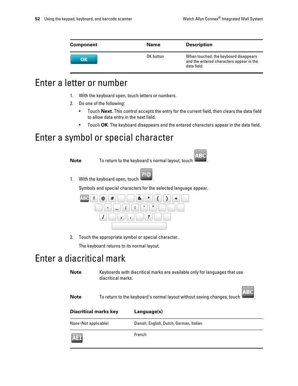 Enter a letter or number, Enter a symbol or special character, Enter a diacritical mark | Welch Allyn Connex Integrated Wall System - User Manual User Manual | Page 58 / 161