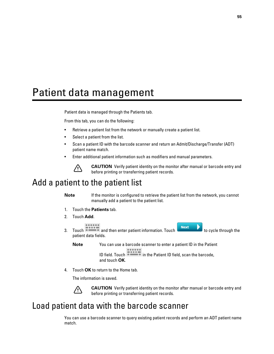 Patient data management, Add a patient to the patient list, Load patient data with the barcode scanner | Welch Allyn Connex Integrated Wall System - User Manual User Manual | Page 61 / 161