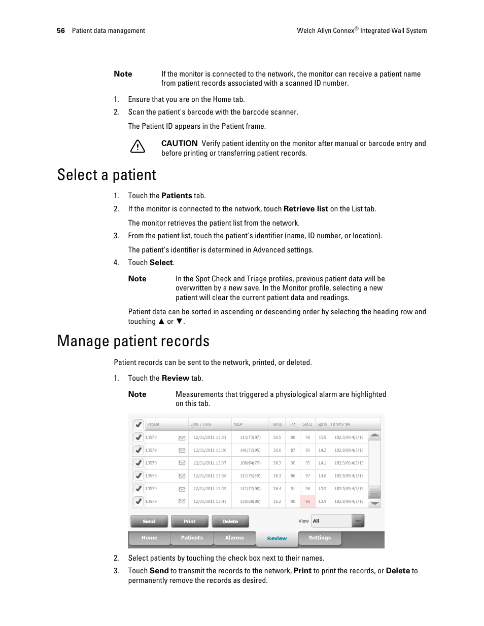 Select a patient, Manage patient records | Welch Allyn Connex Integrated Wall System - User Manual User Manual | Page 62 / 161