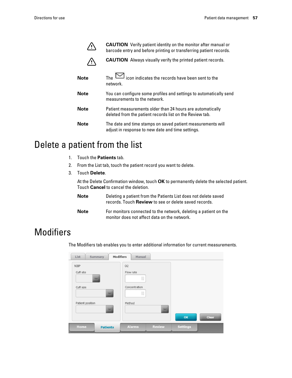 Delete a patient from the list, Modifiers | Welch Allyn Connex Integrated Wall System - User Manual User Manual | Page 63 / 161