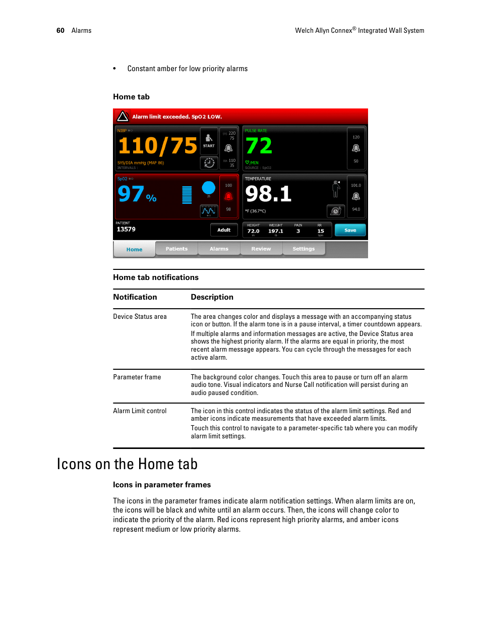 Icons on the home tab | Welch Allyn Connex Integrated Wall System - User Manual User Manual | Page 66 / 161