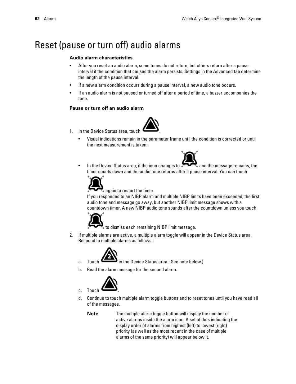 Reset (pause or turn off) audio alarms | Welch Allyn Connex Integrated Wall System - User Manual User Manual | Page 68 / 161
