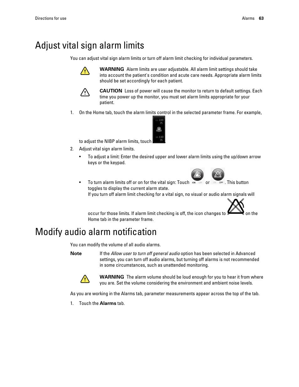 Adjust vital sign alarm limits, Modify audio alarm notification | Welch Allyn Connex Integrated Wall System - User Manual User Manual | Page 69 / 161