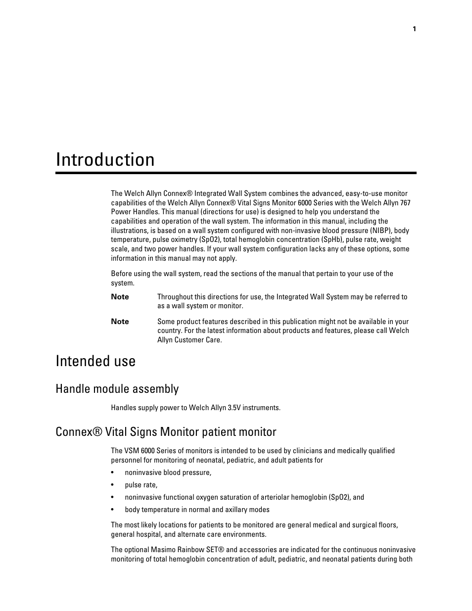 Introduction, Intended use, Handle module assembly | Connex® vital signs monitor patient monitor | Welch Allyn Connex Integrated Wall System - User Manual User Manual | Page 7 / 161