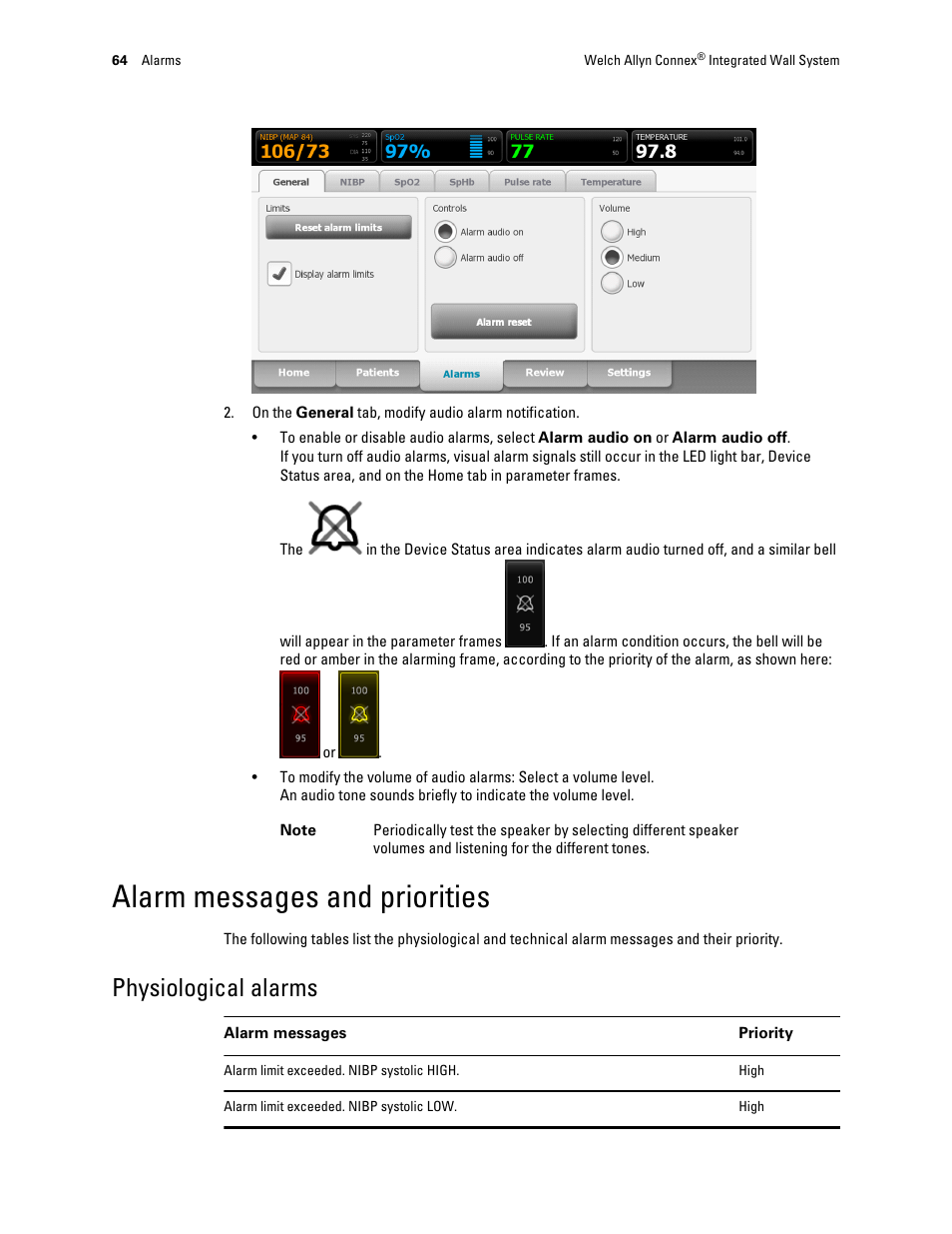 Alarm messages and priorities, Physiological alarms | Welch Allyn Connex Integrated Wall System - User Manual User Manual | Page 70 / 161