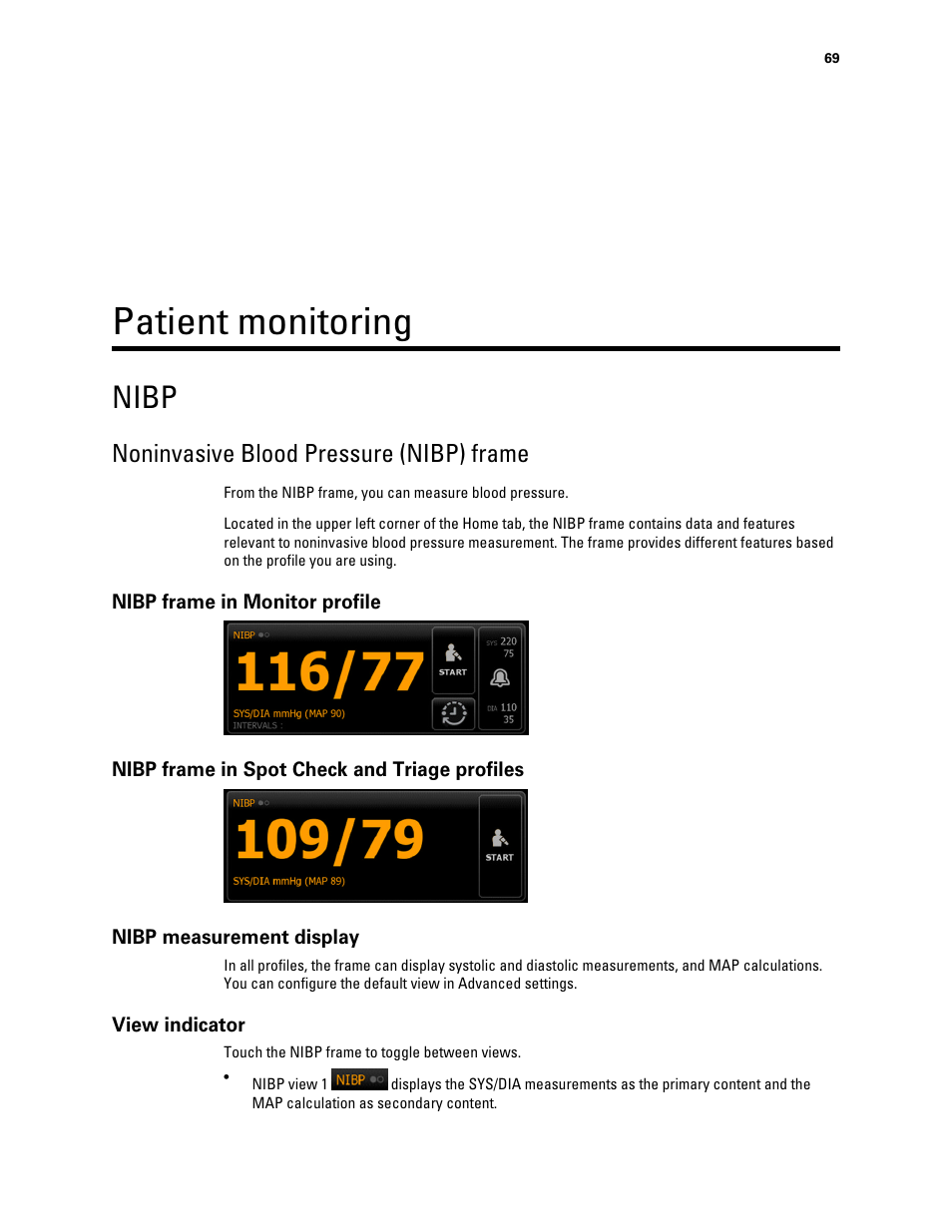 Patient monitoring, Nibp, Noninvasive blood pressure (nibp) frame | Nibp frame in monitor profile, Nibp frame in spot check and triage profiles, Nibp measurement display, View indicator | Welch Allyn Connex Integrated Wall System - User Manual User Manual | Page 75 / 161