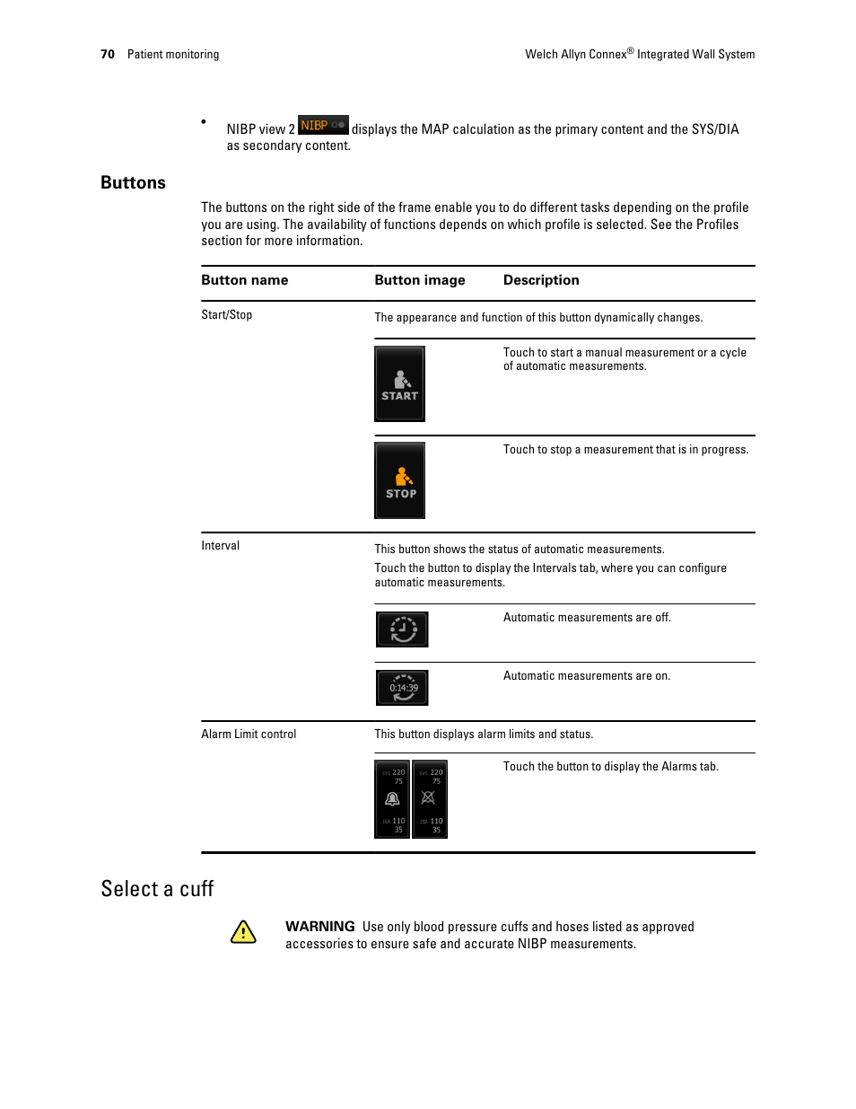 Buttons, Select a cuff | Welch Allyn Connex Integrated Wall System - User Manual User Manual | Page 76 / 161