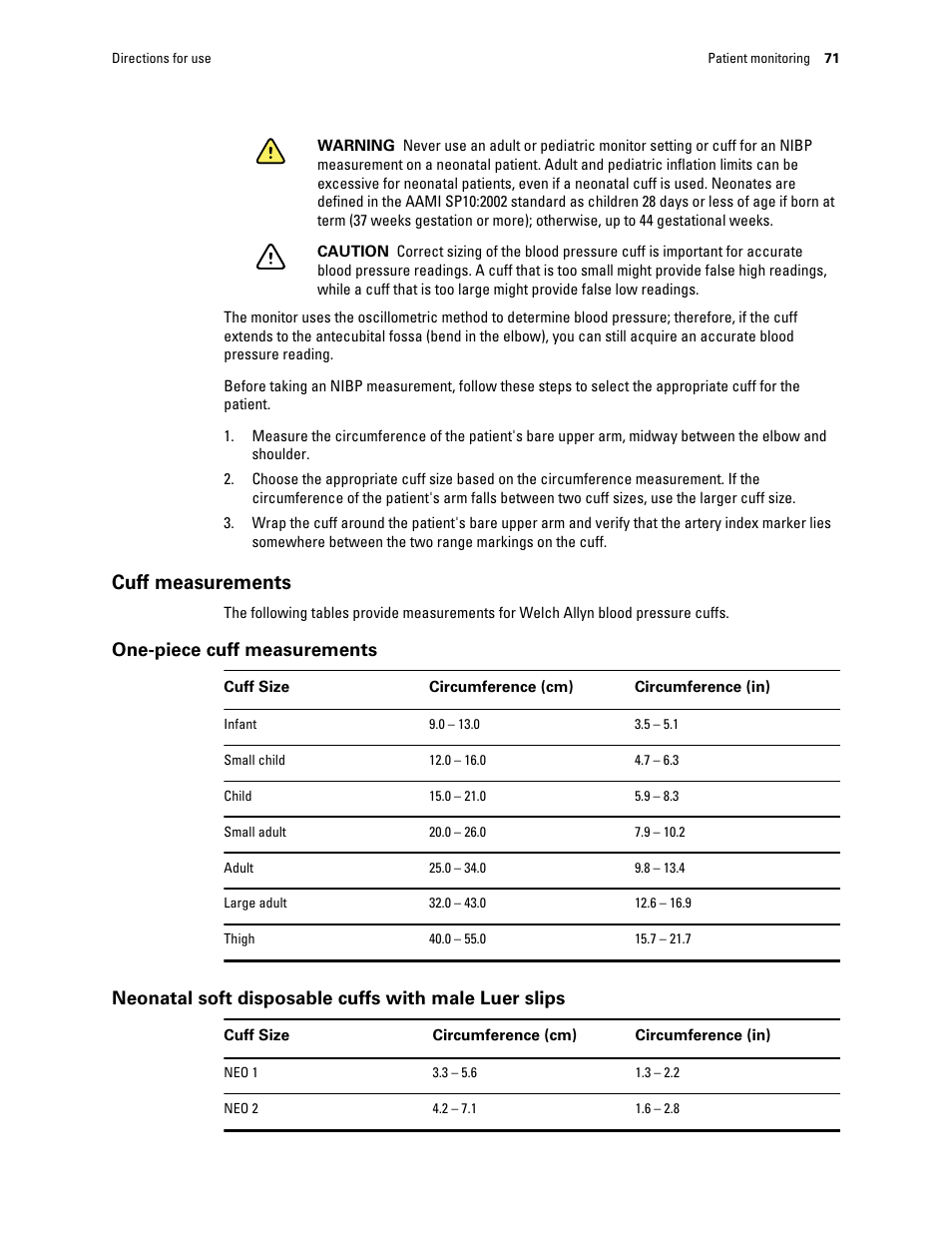 Cuff measurements | Welch Allyn Connex Integrated Wall System - User Manual User Manual | Page 77 / 161