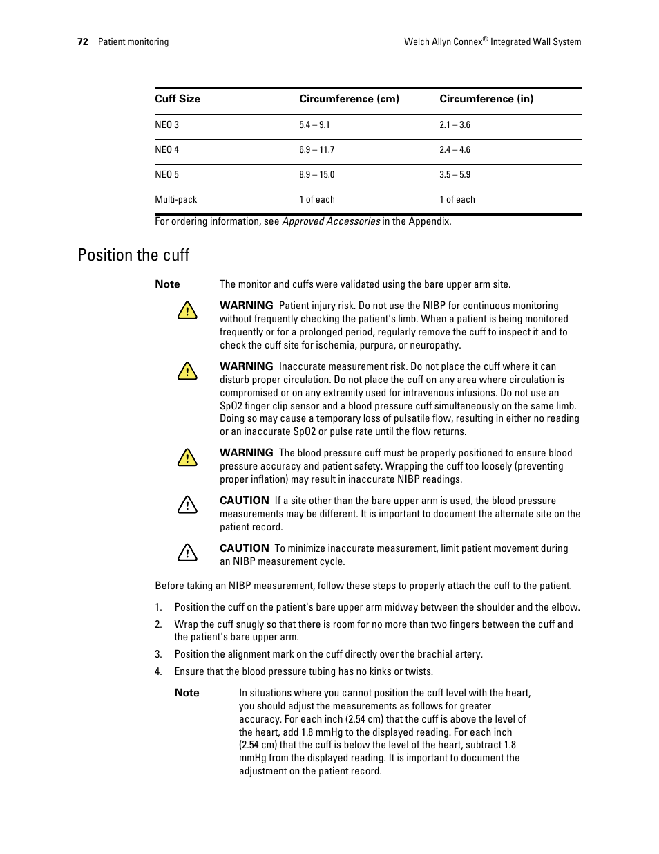 Position the cuff | Welch Allyn Connex Integrated Wall System - User Manual User Manual | Page 78 / 161