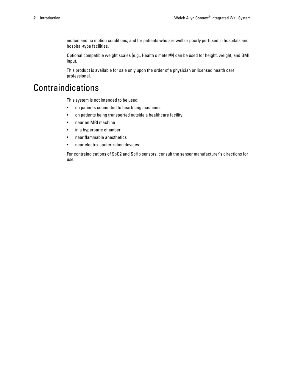 Contraindications | Welch Allyn Connex Integrated Wall System - User Manual User Manual | Page 8 / 161