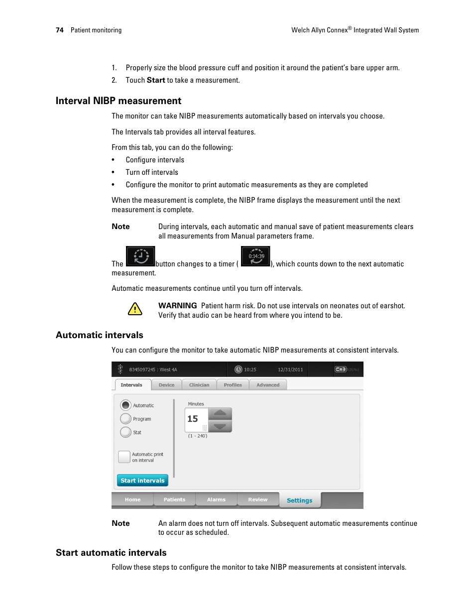 Interval nibp measurement | Welch Allyn Connex Integrated Wall System - User Manual User Manual | Page 80 / 161