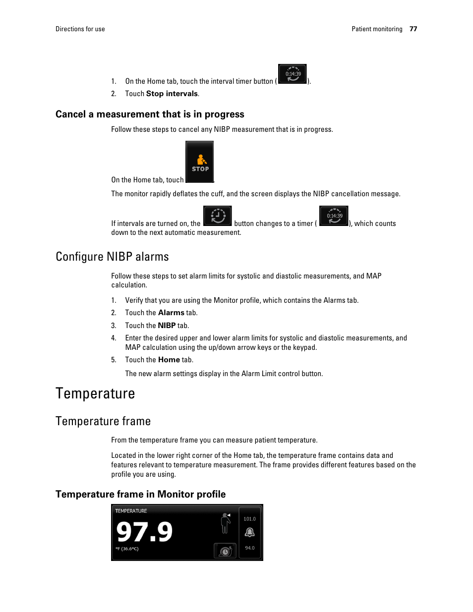 Cancel a measurement that is in progress, Configure nibp alarms, Temperature | Temperature frame, Temperature frame in monitor profile | Welch Allyn Connex Integrated Wall System - User Manual User Manual | Page 83 / 161