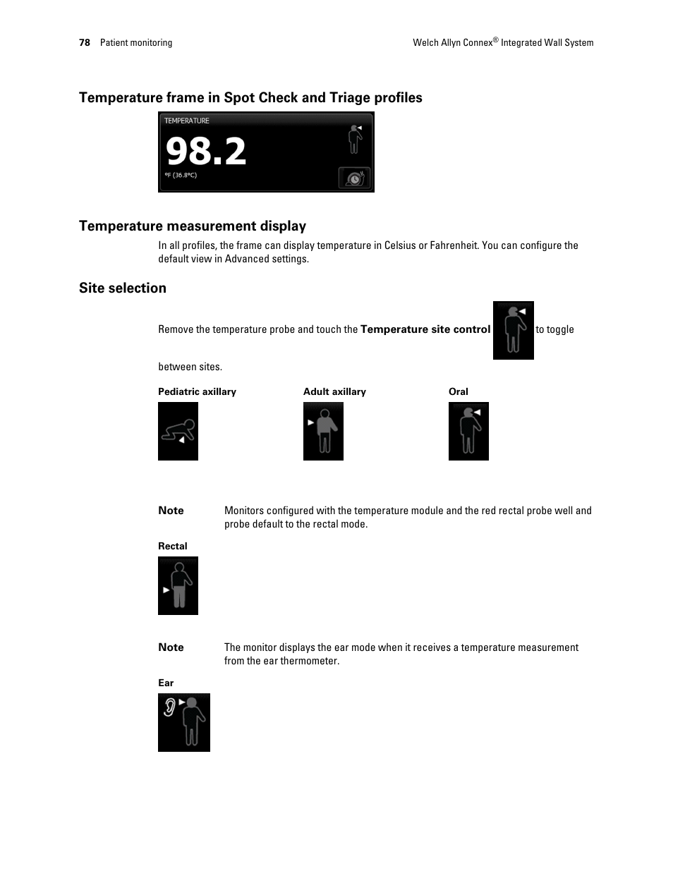 Temperature measurement display, Site selection | Welch Allyn Connex Integrated Wall System - User Manual User Manual | Page 84 / 161