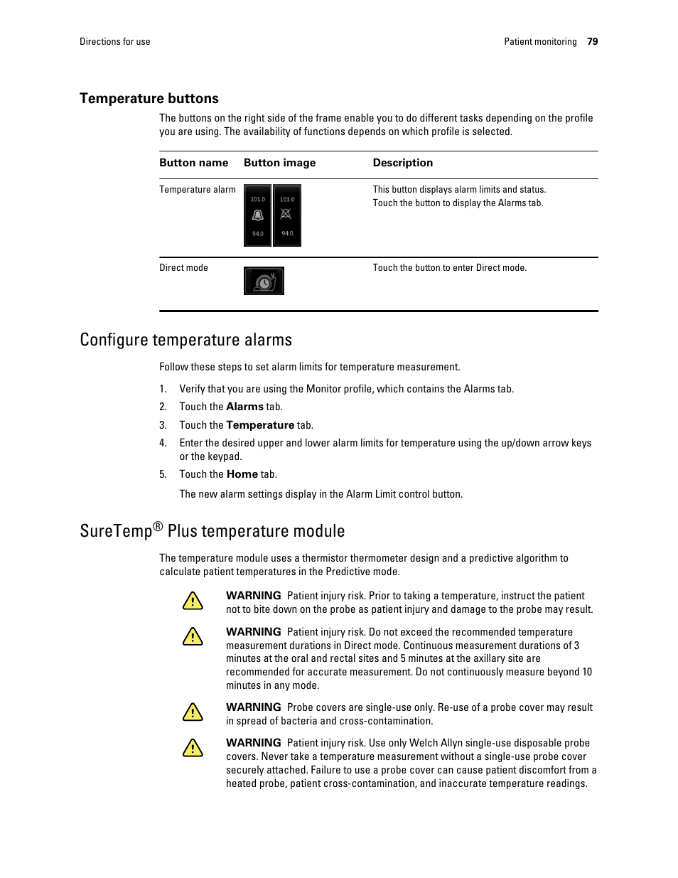 Temperature buttons, Configure temperature alarms, Suretemp® plus temperature module | Suretemp, Plus temperature module | Welch Allyn Connex Integrated Wall System - User Manual User Manual | Page 85 / 161