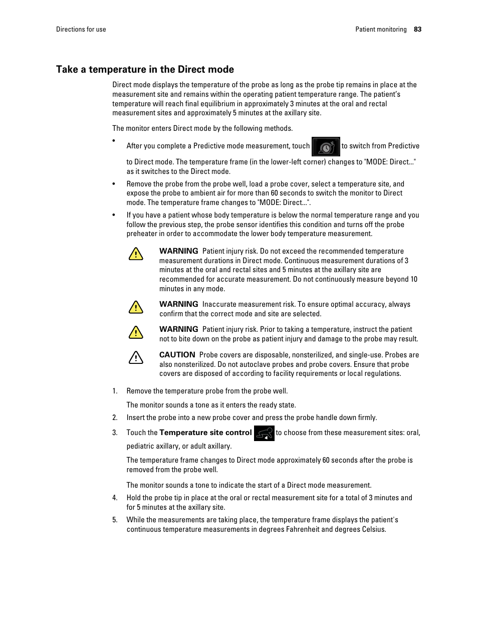 Take a temperature in the direct mode | Welch Allyn Connex Integrated Wall System - User Manual User Manual | Page 89 / 161