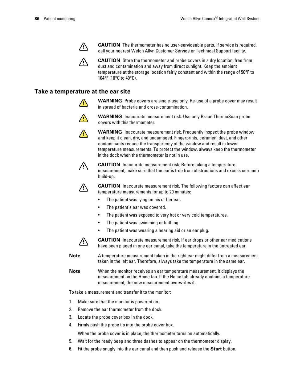 Take a temperature at the ear site | Welch Allyn Connex Integrated Wall System - User Manual User Manual | Page 92 / 161