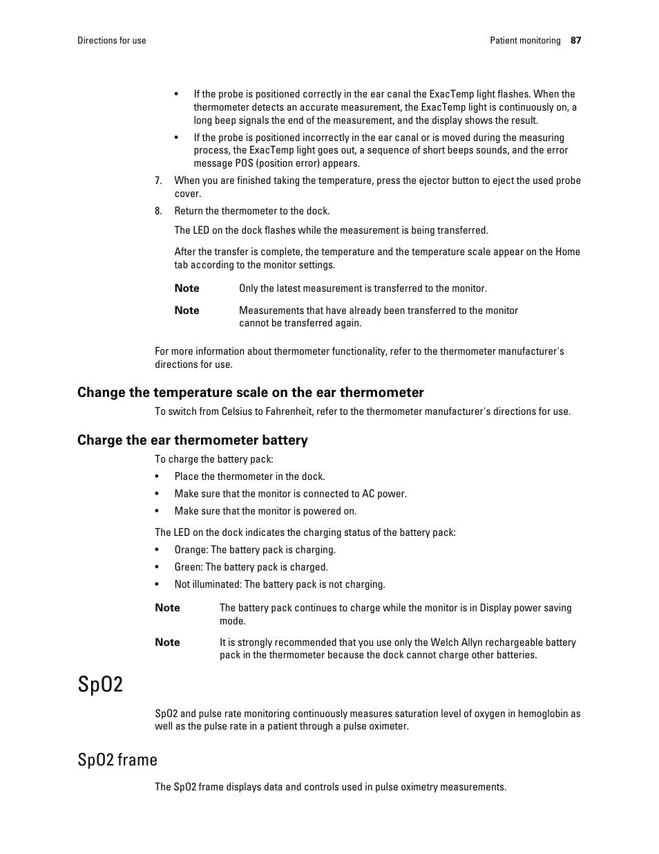 Charge the ear thermometer battery, Spo2, Spo2 frame | Welch Allyn Connex Integrated Wall System - User Manual User Manual | Page 93 / 161