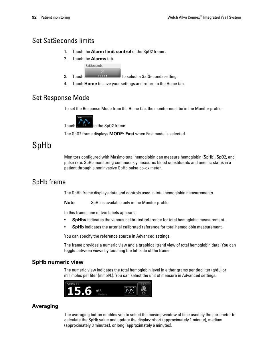 Set satseconds limits, Set response mode, Sphb | Sphb frame, Sphb numeric view | Welch Allyn Connex Integrated Wall System - User Manual User Manual | Page 98 / 161