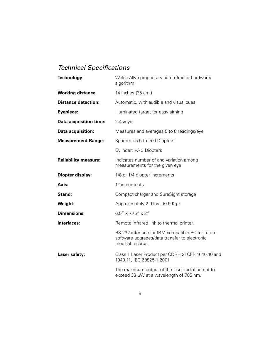 Technical specifications | Welch Allyn SureSight Autorefractor - User Manual User Manual | Page 12 / 36