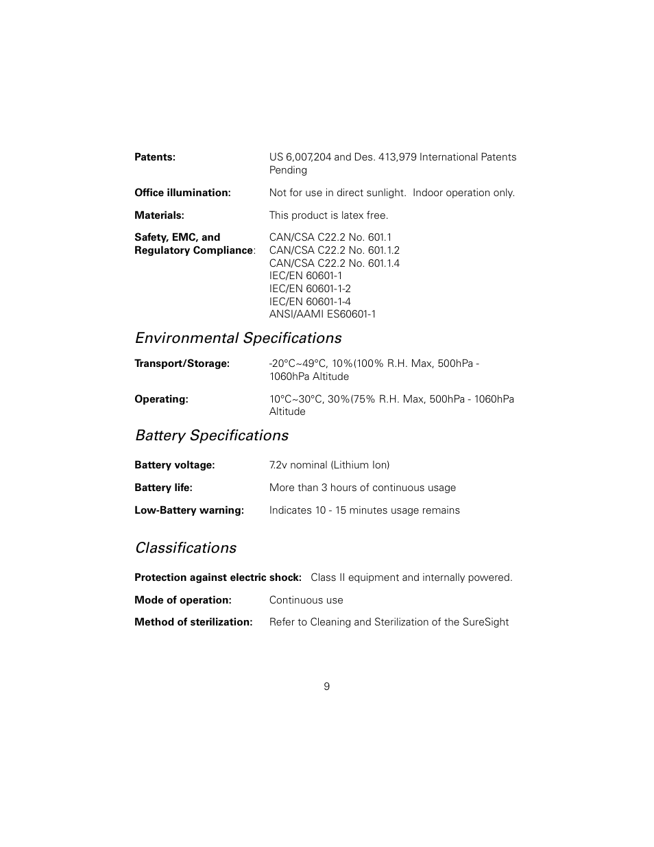 Environmental specifications, Battery specifications, Classifications | Welch Allyn SureSight Autorefractor - User Manual User Manual | Page 13 / 36