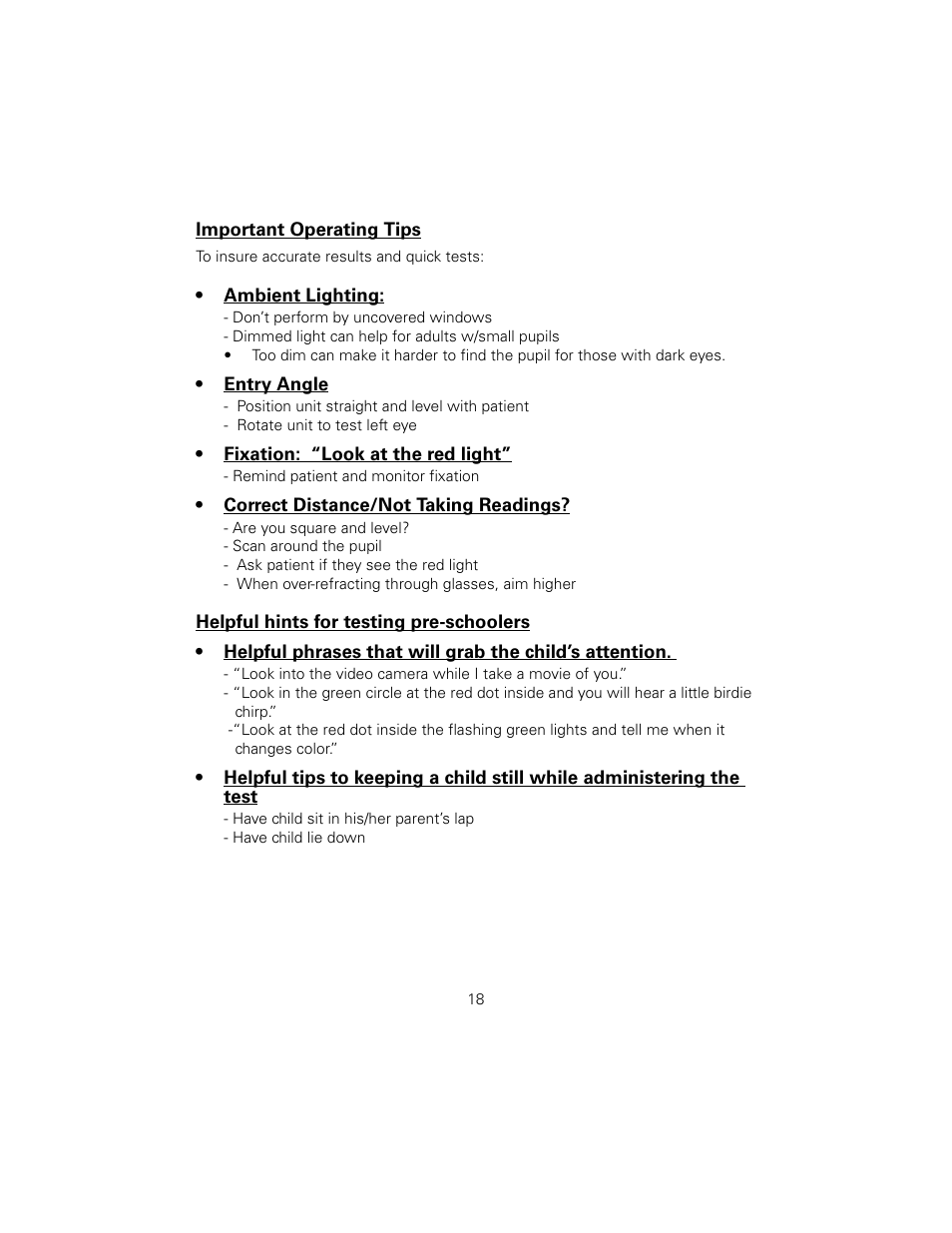 Important operating tips, Helpful hints for testing pre-schoolers | Welch Allyn SureSight Autorefractor - User Manual User Manual | Page 22 / 36