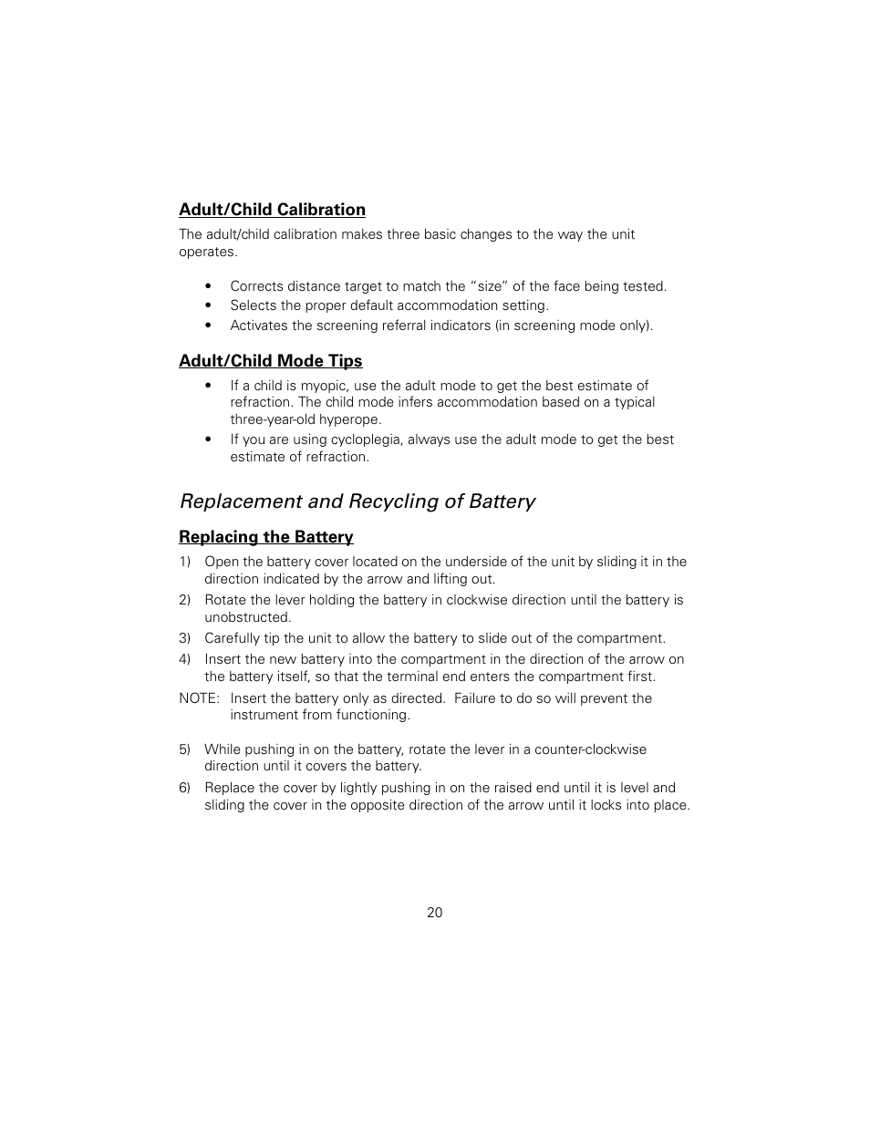 Adult/child calibration, Adult/child mode tips, Replacement and recycling of battery | Replacing the battery | Welch Allyn SureSight Autorefractor - User Manual User Manual | Page 24 / 36