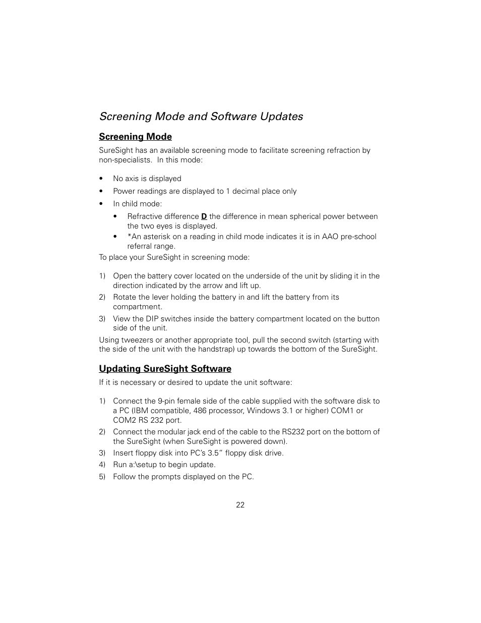 Screening mode and software updates, Screening mode, Updating suresight software | Welch Allyn SureSight Autorefractor - User Manual User Manual | Page 26 / 36