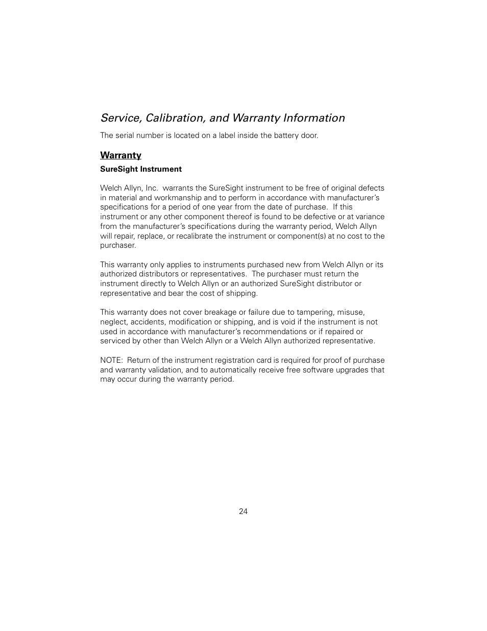 Service, calibration, and warranty information, Warranty | Welch Allyn SureSight Autorefractor - User Manual User Manual | Page 28 / 36