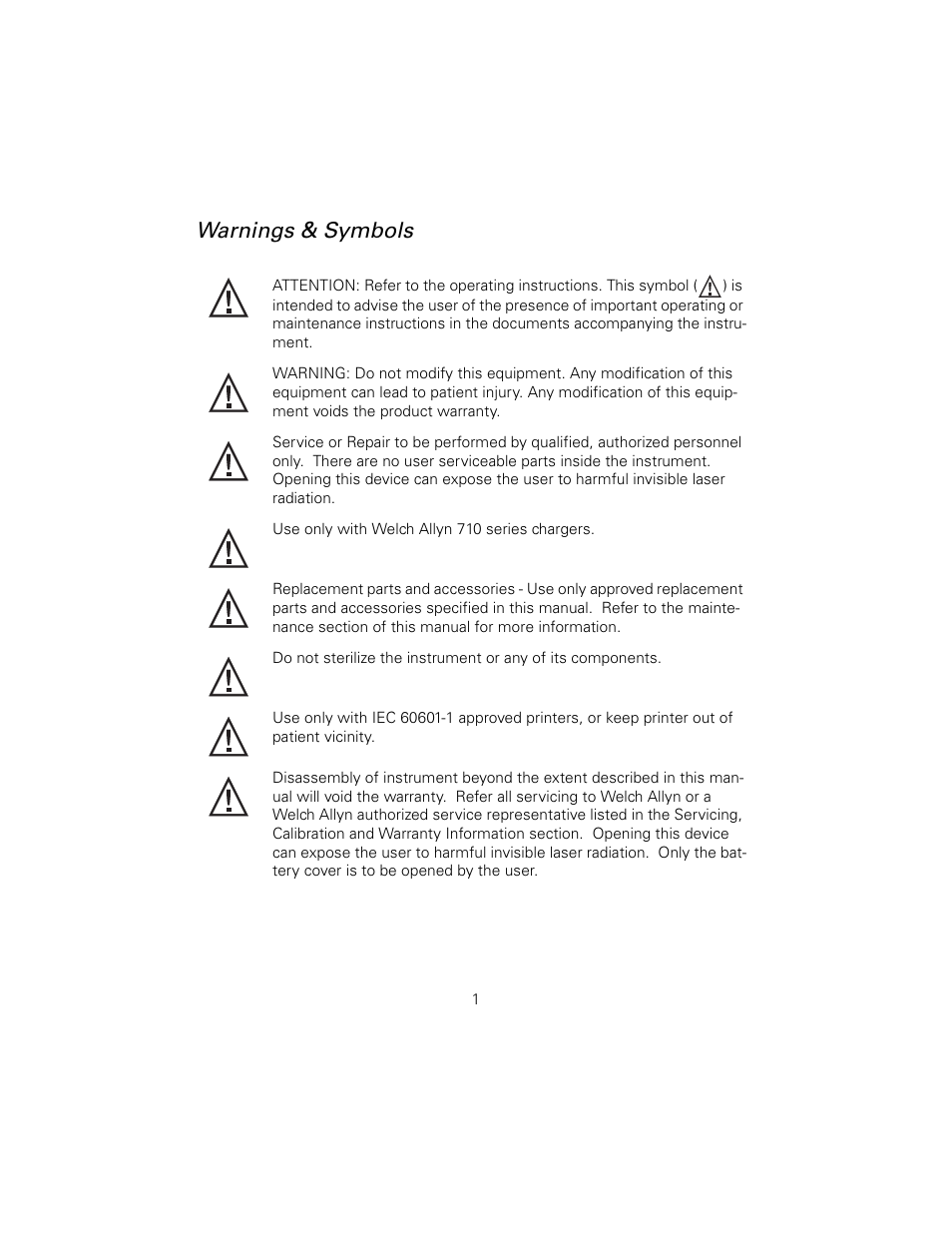 Warnings & symbols | Welch Allyn SureSight Autorefractor - User Manual User Manual | Page 5 / 36