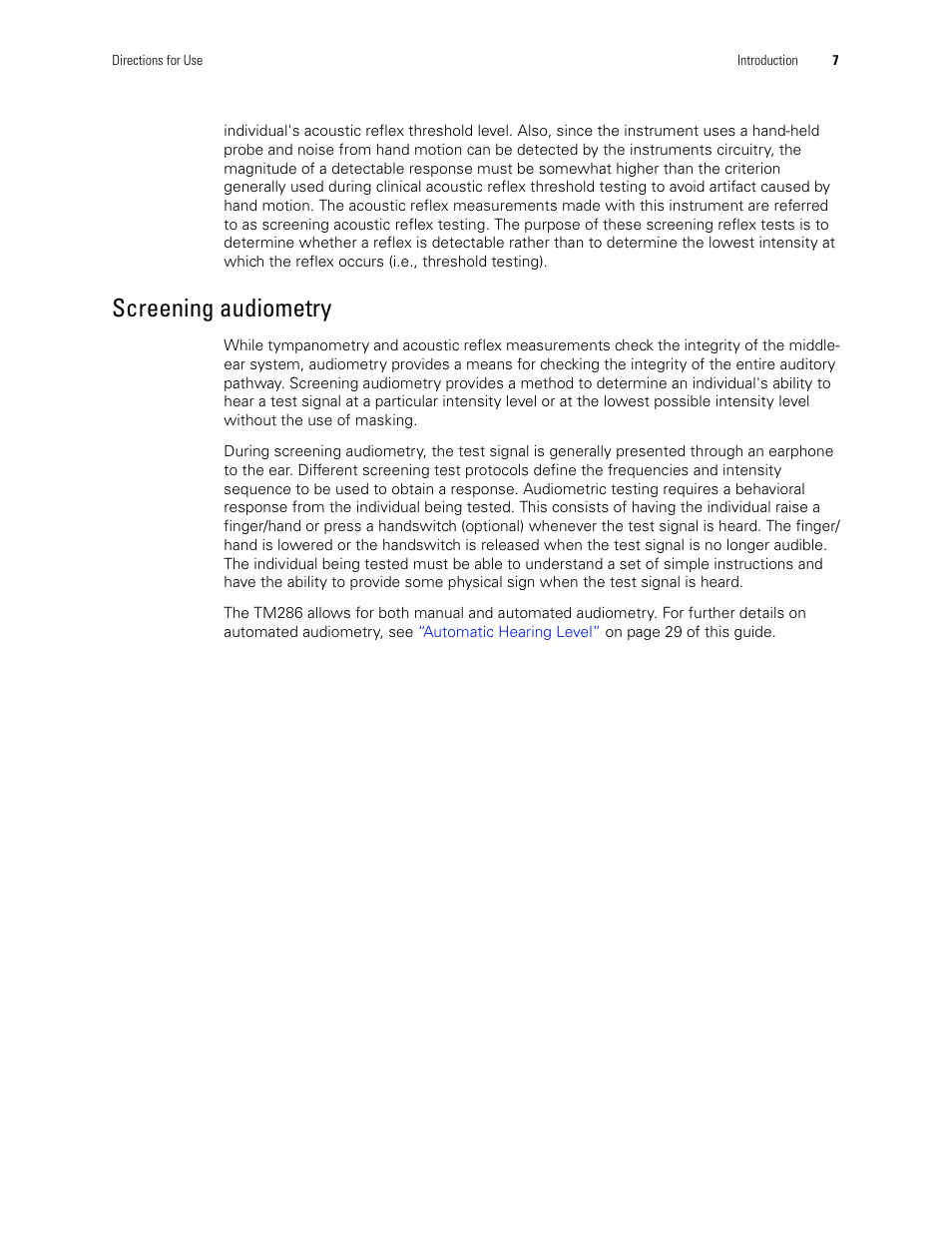Screening audiometry | Welch Allyn TM286 Auto Tymp - User Manual User Manual | Page 11 / 72