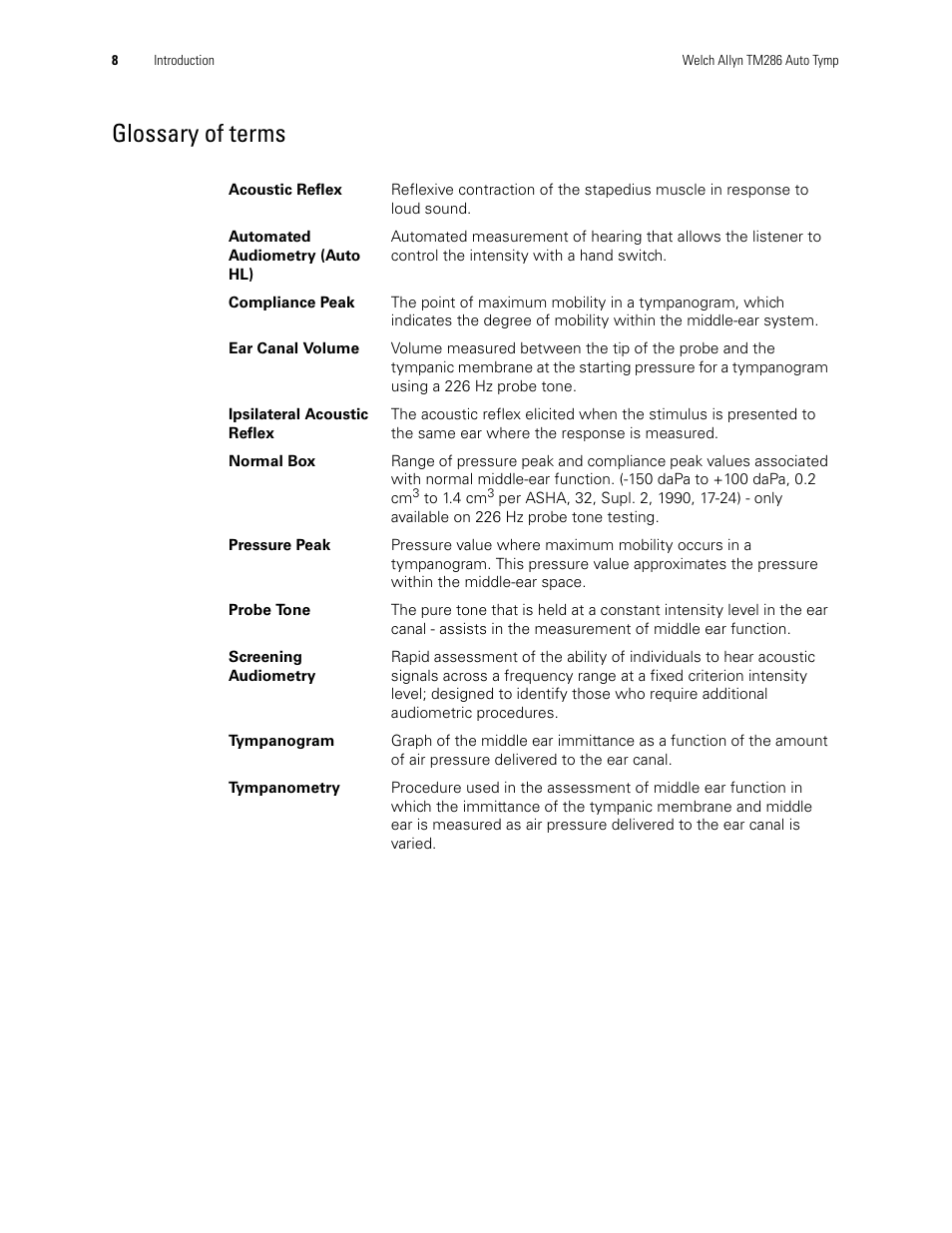 Glossary of terms | Welch Allyn TM286 Auto Tymp - User Manual User Manual | Page 12 / 72