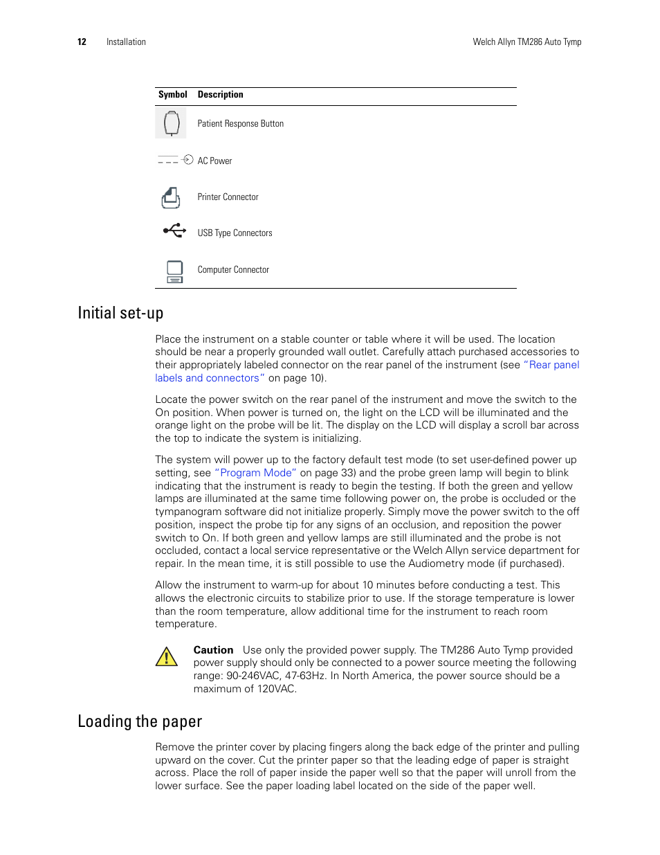 Initial set-up, Loading the paper | Welch Allyn TM286 Auto Tymp - User Manual User Manual | Page 16 / 72