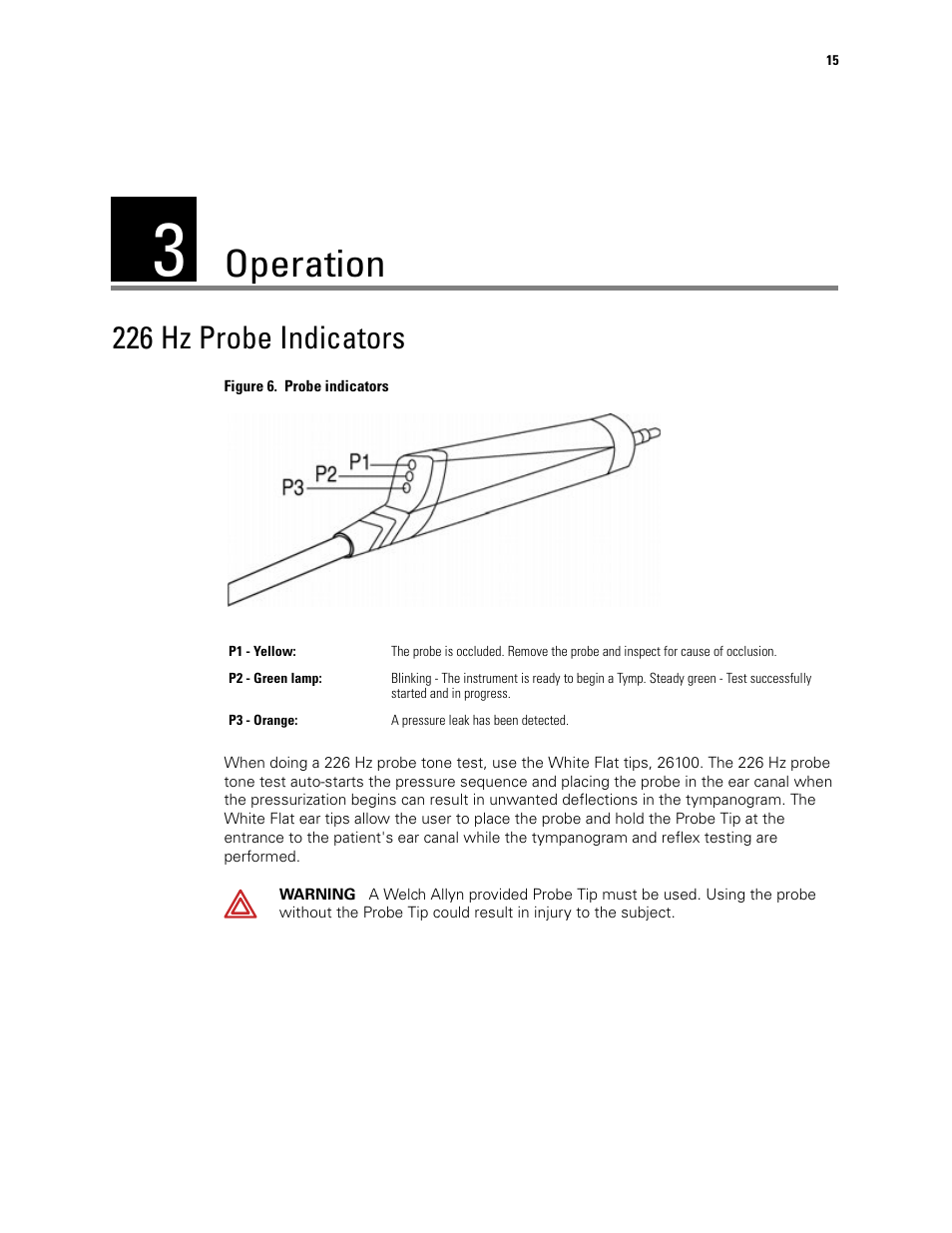 Operation, 226 hz probe indicators, 3 - operation | Welch Allyn TM286 Auto Tymp - User Manual User Manual | Page 19 / 72