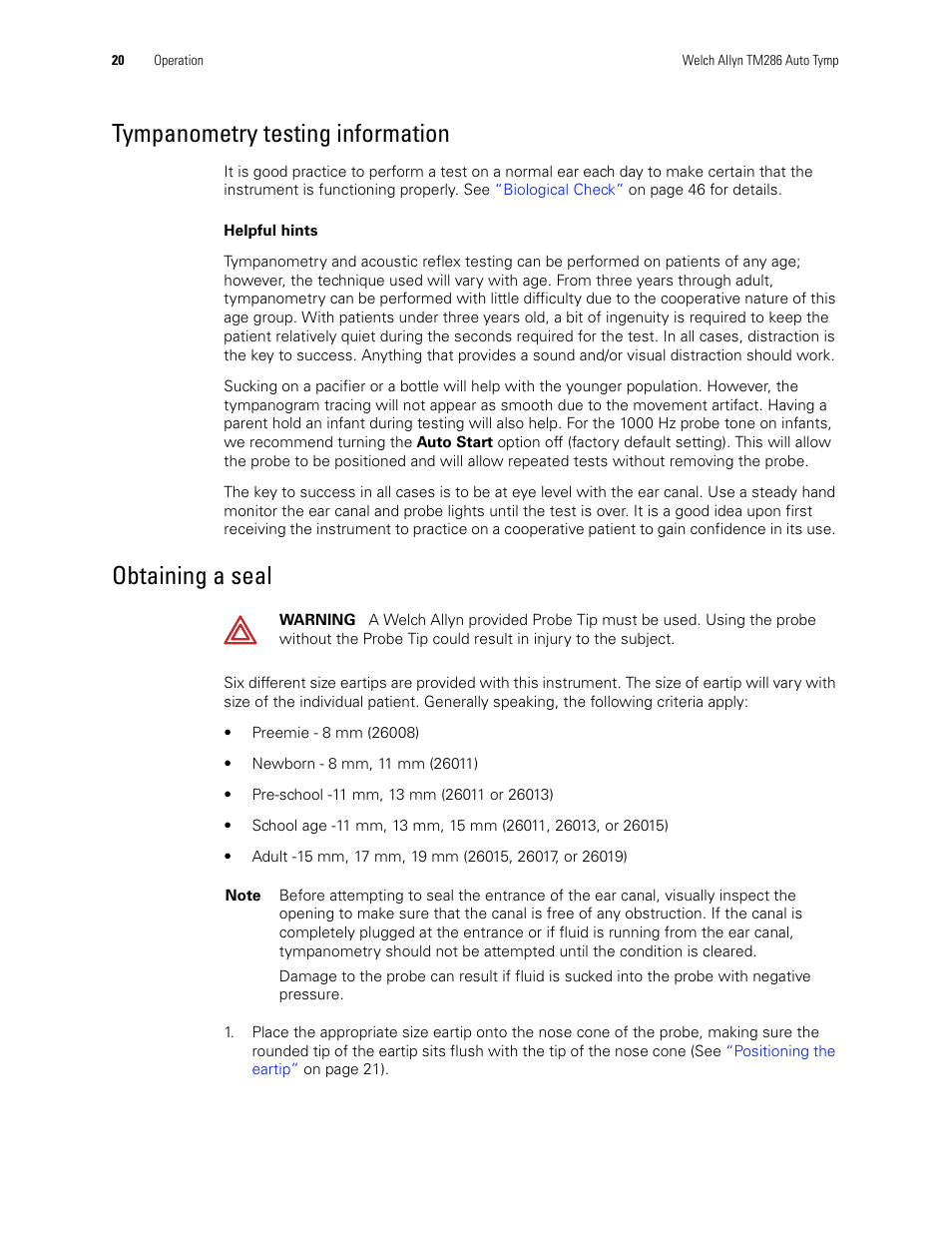 Tympanometry testing information, Obtaining a seal | Welch Allyn TM286 Auto Tymp - User Manual User Manual | Page 24 / 72