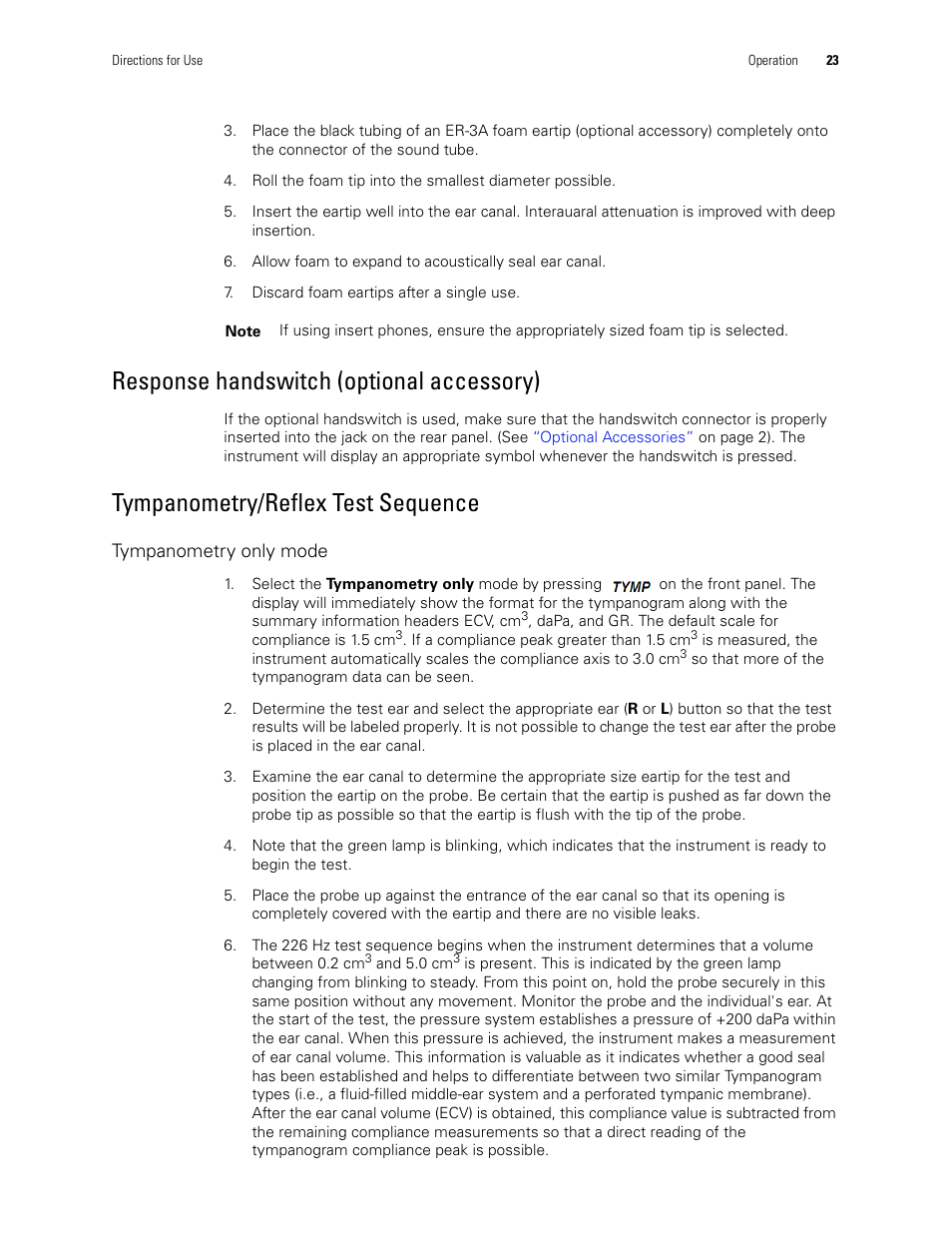 Response handswitch (optional accessory), Tympanometry/reflex test sequence | Welch Allyn TM286 Auto Tymp - User Manual User Manual | Page 27 / 72