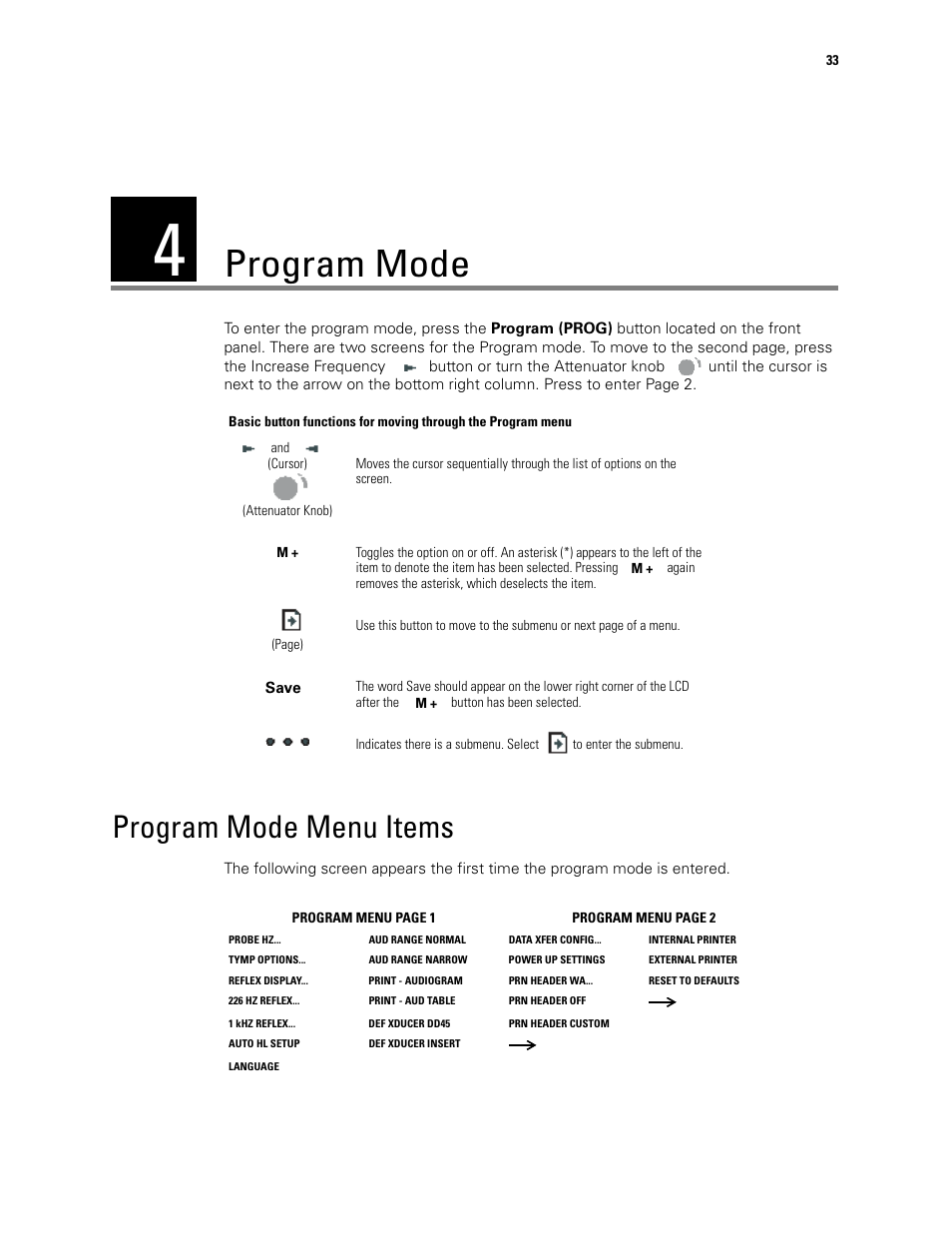 Program mode, Program mode menu items, 4 - program mode | Welch Allyn TM286 Auto Tymp - User Manual User Manual | Page 37 / 72