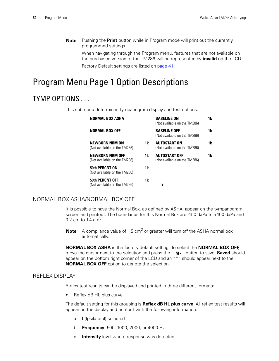 Program menu page 1 option descriptions, Tymp options | Welch Allyn TM286 Auto Tymp - User Manual User Manual | Page 38 / 72