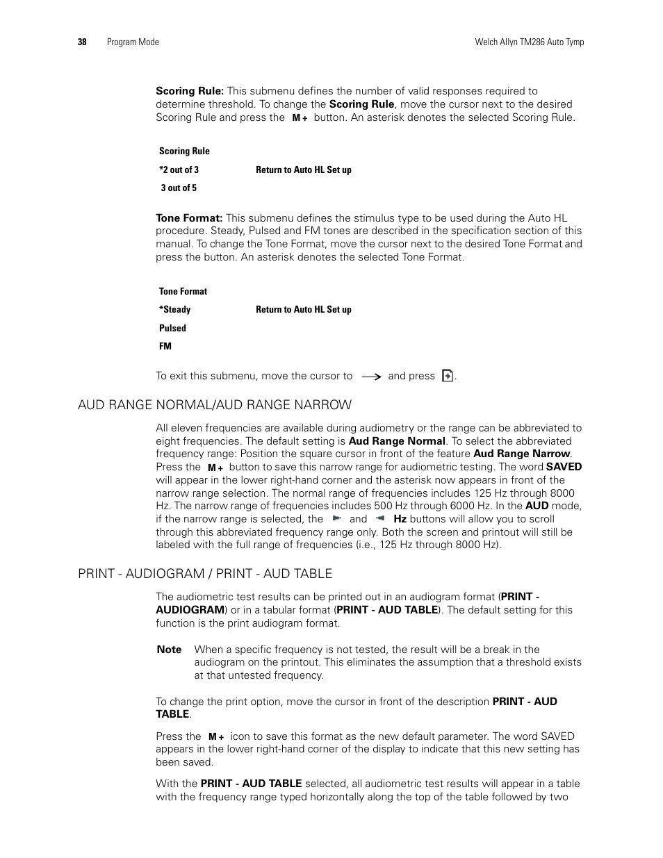 Aud range normal/aud range narrow, Print - audiogram / print - aud table | Welch Allyn TM286 Auto Tymp - User Manual User Manual | Page 42 / 72