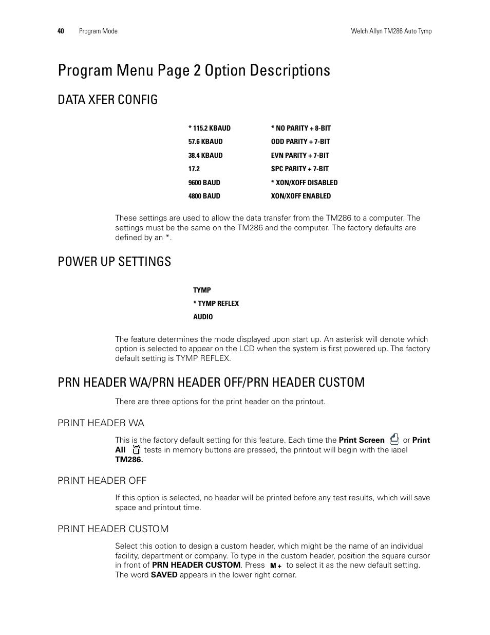 Program menu page 2 option descriptions, Data xfer config, Power up settings | Prn header wa/prn header off/prn header custom | Welch Allyn TM286 Auto Tymp - User Manual User Manual | Page 44 / 72