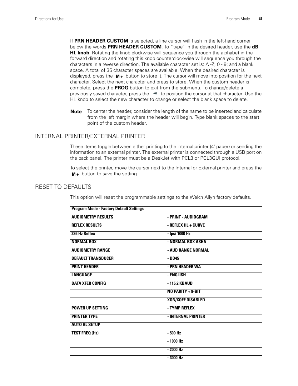Reset to defaults, Internal printer/external printer | Welch Allyn TM286 Auto Tymp - User Manual User Manual | Page 45 / 72