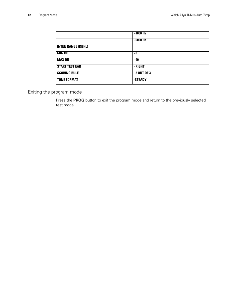 Exiting the program mode | Welch Allyn TM286 Auto Tymp - User Manual User Manual | Page 46 / 72