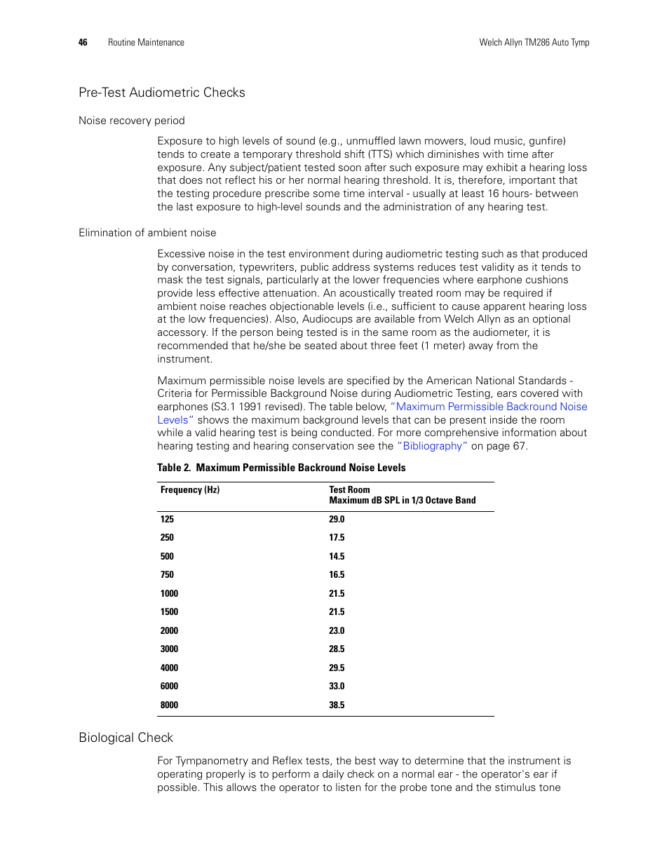 Biological check, Pre-test audiometric checks | Welch Allyn TM286 Auto Tymp - User Manual User Manual | Page 50 / 72